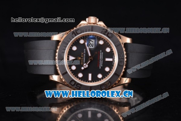 Rolex Yachtmaster 40 Swiss ETA 2836 Automatic Rose Gold Case with Black Dial and Black Rubber Strap Dot Markers - 1:1 Original (JF) - Click Image to Close